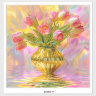 Sticker Tulipes roses vibrantes dans un vase doré