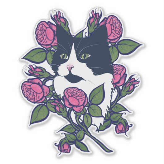 Sticker Tuxedo Cat Peony Floral Art Tuxie Cats (Devant)