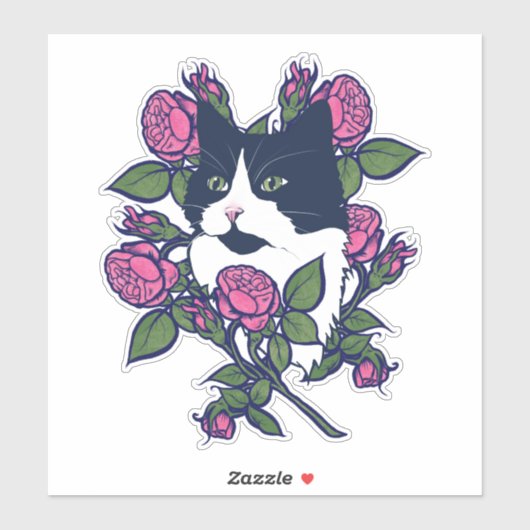 Sticker Tuxedo Cat Peony Floral Art Tuxie Cats (Feuille)