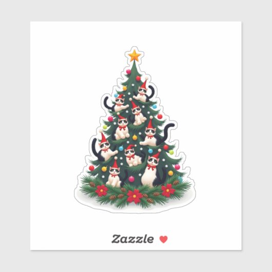 Sticker Tuxedo Chat Arbre de Noël Tuxedo Chat Lights Xmas (Feuille)