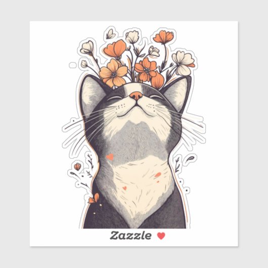 Sticker Tuxedo chat et fleurs adorables (Feuille)