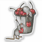 Sticker Two MICE Stealing Cherries, Bucket of Cherries Art (Devant)