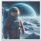 Sticker Un astronaute explore Icy Terrain d'une lune Alien (Devant)