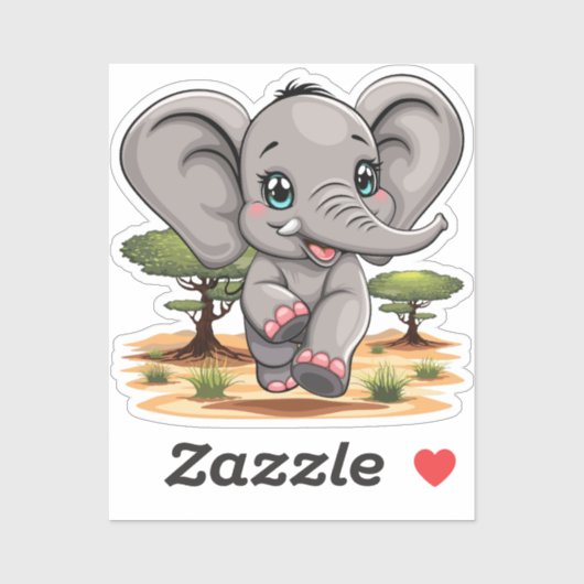 Sticker Un bébé éléphant qui sonne heureux dans la savane (Feuille)