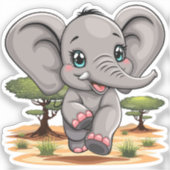Sticker Un bébé éléphant qui sonne heureux dans la savane (Recto)