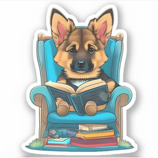 Sticker Un chiot berger allemand lisant un livre (Devant)