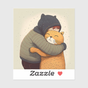 Sticker Un enfant embrasse le mignon chat au gingembre. En