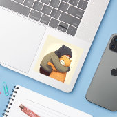 Sticker Un enfant embrasse le mignon chat au gingembre. En (Ordinateur portable avec iPhone)