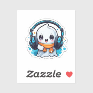 Sticker Un fantôme mignon et effrayant avec des écouteurs