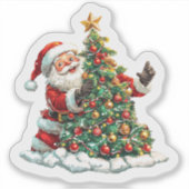 Sticker Un joyeux Père Noël décorant joyeusement un sapin  (Devant)
