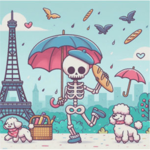 Sticker Un joyeux squelette dans Paris pluvieux