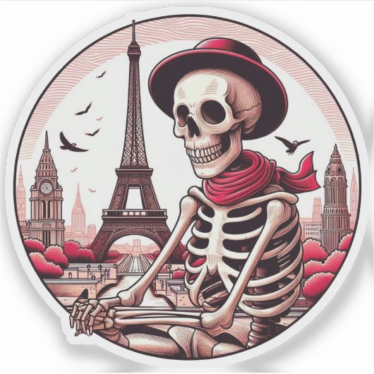 Sticker Un squelette d'artiste cool à Paris (Devant)