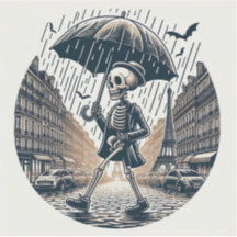 Un squelette de gentleman dans Paris pluvieux