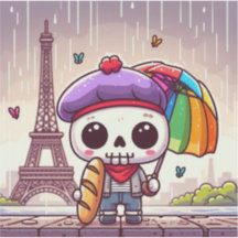 Un squelette super mignon dans Paris pluvieux