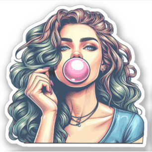 Sticker Une femme soufflant bulle gomme bulle art