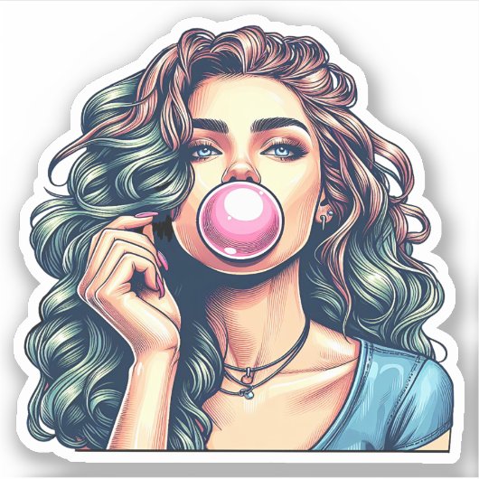 Sticker Une femme soufflant bulle gomme bulle art (Devant)