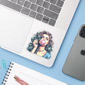 Sticker Une femme soufflant bulle gomme bulle art (Ordinateur portable avec iPhone)