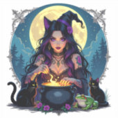 Sticker Une sorcière, un chat noir et une Halloween de gre (Recto)