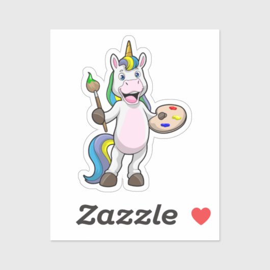 Sticker Unicorne à la peinture avec pinceau et couleur (Feuille)