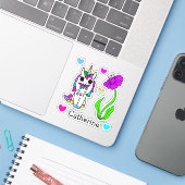 Sticker Unicorne arc-en-ciel, Fleurs et nom (Ordinateur portable avec iPhone)