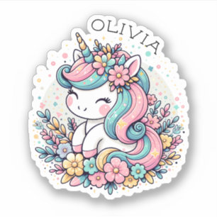 Sticker Unicorne et fleurs rose et bleu Personnalisé