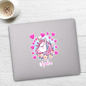 Sticker Unicorne mignonne, Coeurs et Fleurs roses, Nom per