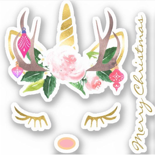 Sticker Unicorne rose de Noël Lashes Antlers et Nez (Devant)