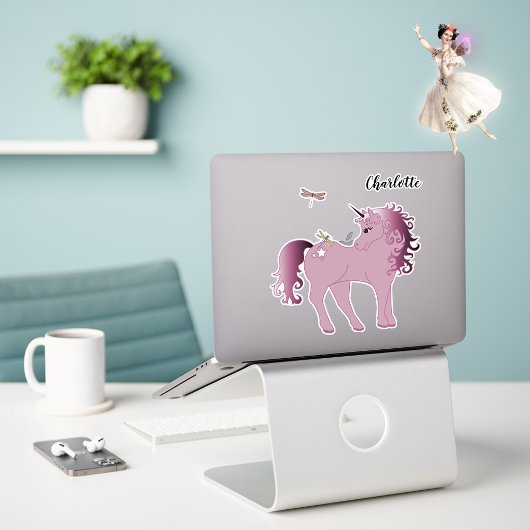 Sticker Unicorne rose et libellules
