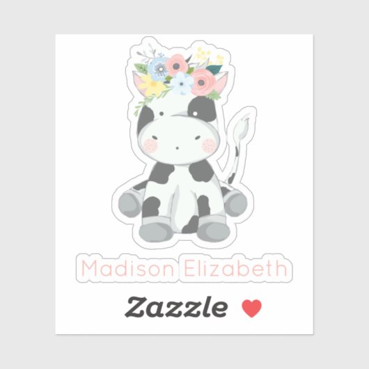 Sticker Vache Bébé Avec Pépinière Florale Couronne Nom Per (Feuille)