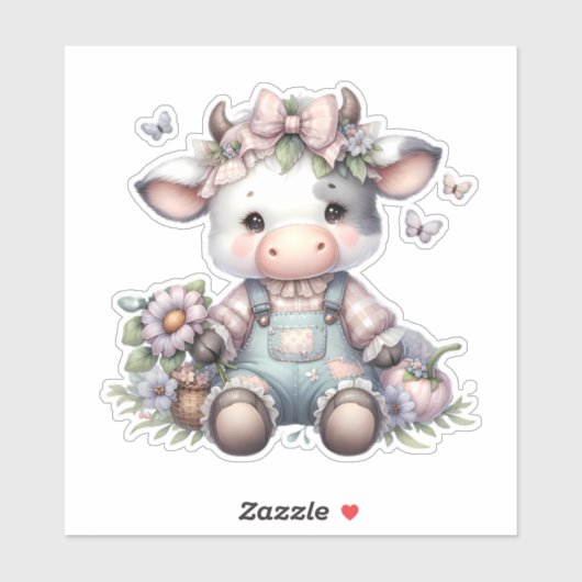 Sticker Vache Bébé mignonne Pastel dans les salons avec fl (Feuille)