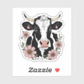 Sticker Vache blanche et noire douce aux fleurs (Feuille)