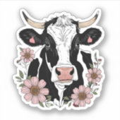 Sticker Vache blanche et noire douce aux fleurs (Devant)