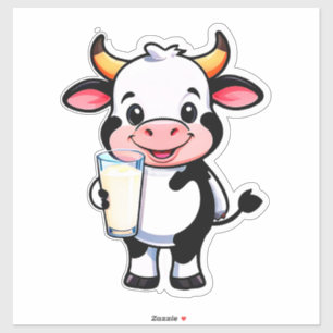 Sticker Vache de dessin animé heureuse avec une tasse de m