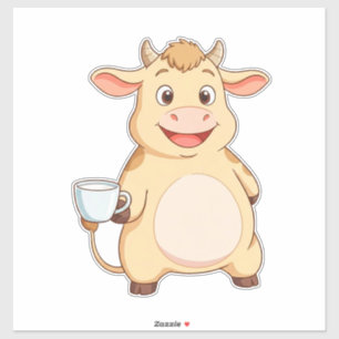 Sticker Vache de dessin animé heureuse avec une tasse de m