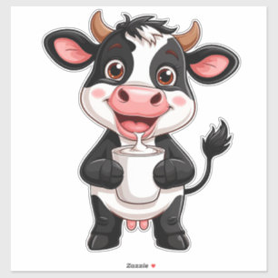 Sticker Vache de dessin animé joyeuse buvant du lait