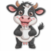 Sticker Vache de dessin animé joyeuse buvant du lait (Devant)