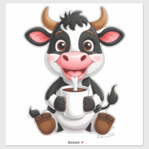 Sticker Vache de dessin animé joyeuse buvant du lait