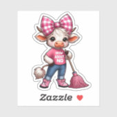 Sticker Vache en caricature rose avec En vichy Bow (Feuille)