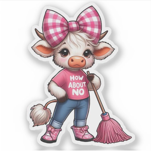 Sticker Vache en caricature rose avec En vichy Bow (Devant)