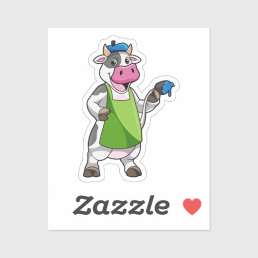 Sticker Vache en peintre avec peinture et tablier (Feuille)