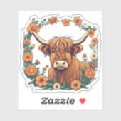 Sticker Vache Highland Aux Fleurs Bohémiennes (Feuille)