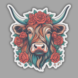 Sticker Vache Highland avec Roses rouges étanche