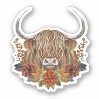 Sticker Vache Highland mignonne aux fleurs d'automne