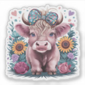 Sticker Vache Highland mignonne aux fleurs Turquoises Coqu (Devant)