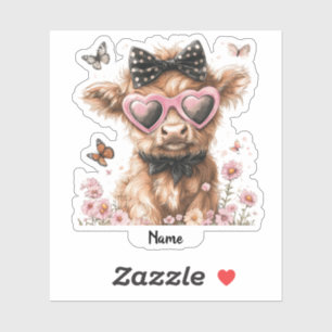Sticker Vache Highland mignonne avec papillons et lunettes
