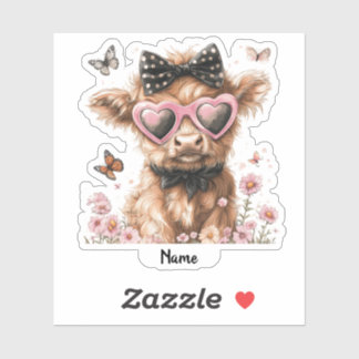 Sticker Vache Highland mignonne avec papillons et lunettes