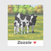 Sticker Vache Holstein et veau mignon en pâturage d'été (Feuille)
