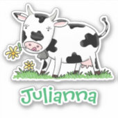 Sticker Vache mignonne en vert dessin animé sur le terrain (Devant)