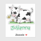 Sticker Vache mignonne en vert dessin animé sur le terrain (Feuille)