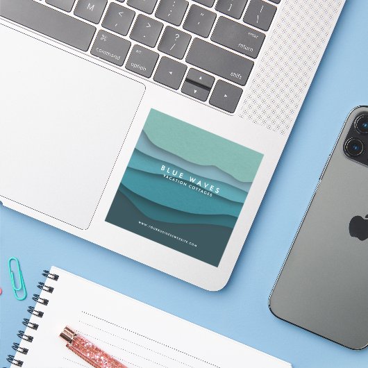 Sticker Vagues d'océan bleu moderne (Ordinateur portable avec iPhone)